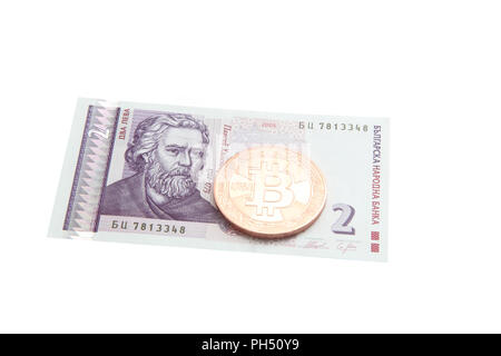 coin bitcoin on Bulgarian money. Photo isolated on white background Stock Photo