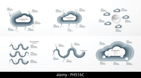 Set of infographics elements with paper cut clouds. Charts for business presentation, template, web banner and motion graphic with copy space for text Stock Vector