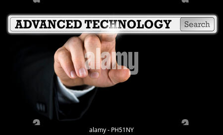Advanced Technology written in a navigation bar on a virtual interface or computer screen with a businessman reaching out his finger to activate the s