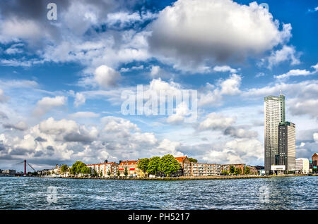 Rotterdam, The Netherlands, August 13, 2018: residential neighbourhood Noordereiland under a blue sky with white clouds Stock Photo