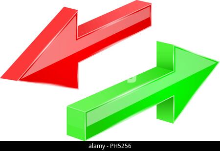 Back and Next arrows. 3d red and green shiny signs Stock Vector