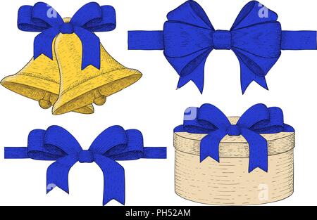 Holiday symbols. Christmas bells, gift box, ribbon bows. Hand drawn sketch Stock Vector