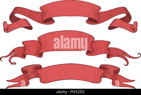 Red ribbon banners. Set of scrolls. Hand drawn sketch Stock Vector