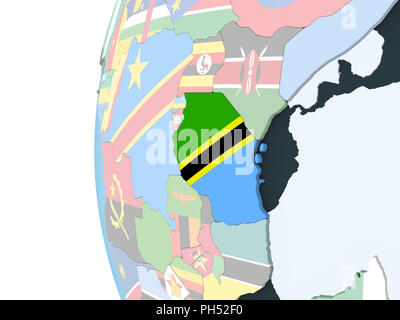 Tanzania on bright political globe with embedded flag. 3D illustration ...