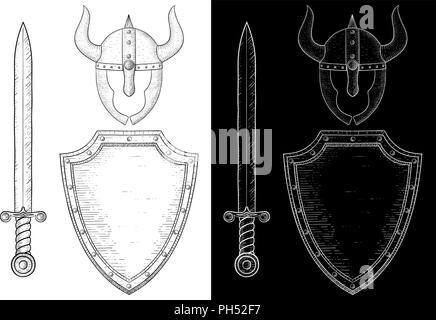 Medieval warrior equipment - sword, shield and horned helmet. Hand drawn sketch Stock Vector