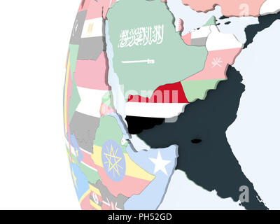 Yemen on bright political globe with embedded flag. 3D illustration ...