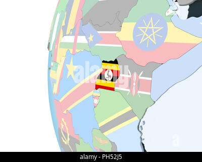 Uganda on bright political globe with embedded flag. 3D illustration. Stock Photo