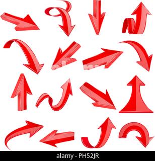 Red 3d arrows. Straight and bent icons Stock Vector