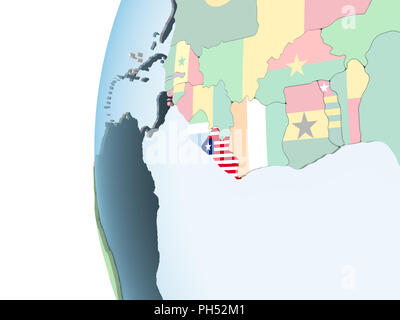 Liberia on bright political globe with embedded flag. 3D illustration ...