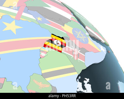 Uganda on bright political globe with embedded flag. 3D illustration. Stock Photo