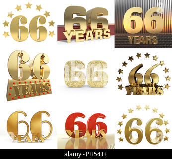 Set of number sixty six year (66 year) celebration design. Anniversary golden number template elements for your birthday party. 3D illustration. Stock Photo