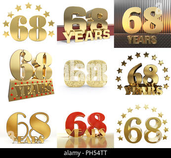 Set of number sixty eight year (68 year) celebration design. Anniversary golden number template elements for your birthday party. 3D illustration. Stock Photo