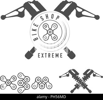Bicycle Shop, Extreme Bikes Emblem. Crossed Rear Shock Absorbers, X Sign Made of Bicycle Chain. Monochrome Vector Illustration. Extreme Typography. Stock Vector