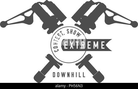 Bicycle Show, Extreme Bikes Contest Emblem. Crossed Rear Shock Absorbers, Ribbon Banner. Monochrome Vector Illustration. Stock Vector