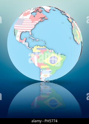 Caribbean on political globe with national flags on reflective surface. 3D illustration. Stock Photo