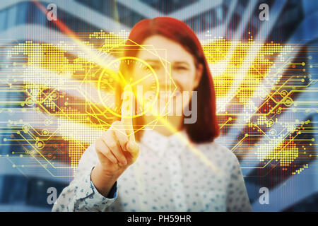 Smiling woman touching digital screen interface. Press on the golden clock icon. Modern technology time planning concept. Virtual business services fo Stock Photo