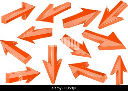 Orange 3d arrows. Set of shiny straight signs Stock Vector