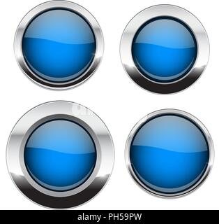 Blue buttons with chrome frame. Round glass shiny 3d icons Stock Vector