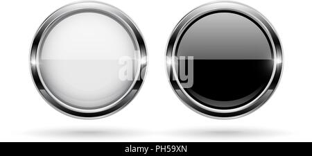 Black and white round buttons. Glass 3d shiny icons with chrome frame Stock Vector
