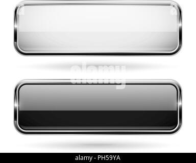 Black and white square glass 3d buttons with metal frame Stock Vector