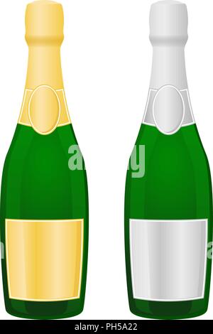 Bottles of champagne with golden and silver labels Stock Vector