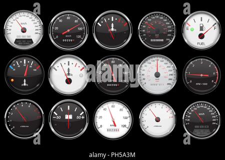 Car dashboard black gauges set. Speedometer, tachometer, fuel gauge ...