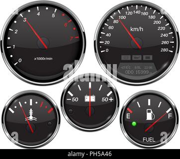 Car dashboard 3d gauges. Speedometer, tachometer, fuel gauge, temperature and accumulator charge device Stock Vector