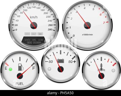 Car dashboard 3d gauges. Speedometer, tachometer, fuel gauge, temperature and accumulator charge device Stock Vector