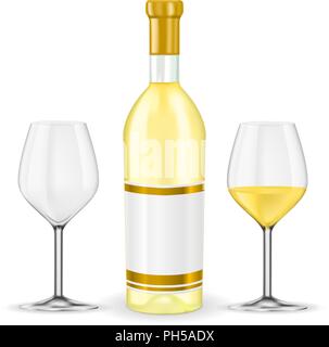 Bottle of white wine with glasses Stock Vector