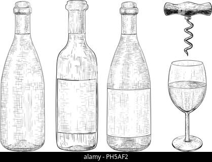 Bottles of wine set. Hand drawn sketch Stock Vector