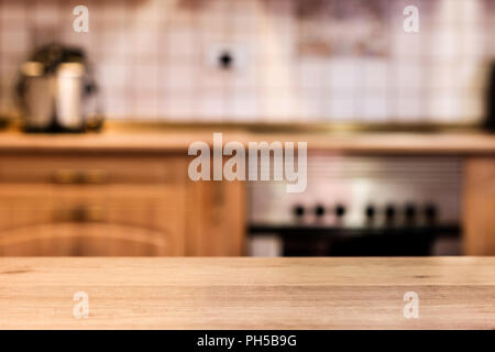 Empty wooden from view and rustic kitchen and blur background. Copyspace. Stock Photo