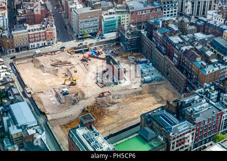 Fitzrovia Chapel surrounded by building works as Pearson Square is constructed, London - aerial shot from the BT Tower Stock Photo