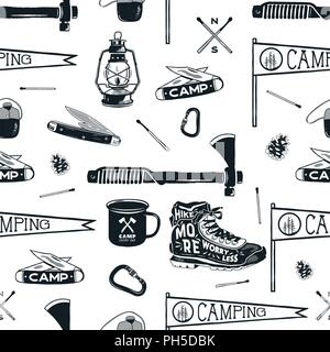 Vintage Hand drawn seamless pattern with camping equipment, gear. Axes, camp lantern, mug, knife and others. Stock vector adventure wallpaper background isolated on white Stock Vector