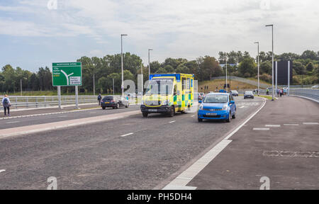 An emergency ambulance on the Northern Spire bridge crossing the River Wear at Sunderland,England,Uk Stock Photo