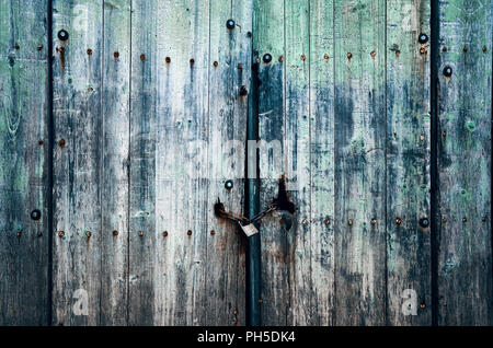 Old weathered wooden closed door, grungy background. Stock Photo