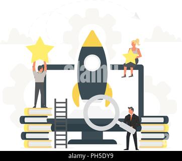 Rocket launch to the sky from the large computer up to the stars with small office people around it. Businessmen start their own new business. Startup concept and internet learning. Monitor with book, teaching, online finance, knowledge. Stock Vector
