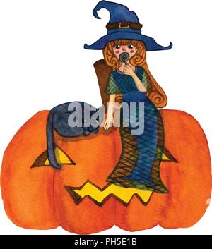 Witch and Cat Sitting on Pumpkin Watercolor. Vector Illustration. isolated on White Background. Stock Vector