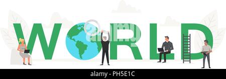 Big word World with small working people around it. Vector creative business banner for design concept. Illustration for presentations on white background Stock Vector