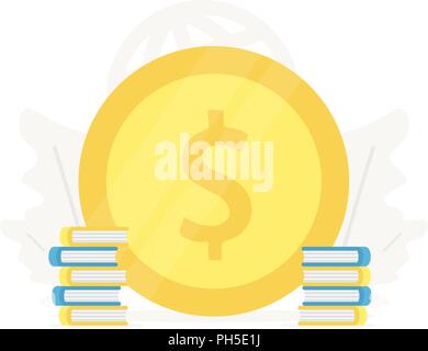 Large gold coin with books illustration. Investment in education business presentations on white background. Concept of saving money for scholarship Stock Vector