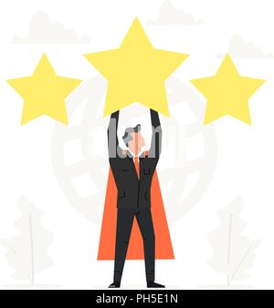 Celebrating a super businessman hold the big Star over head. Rating, feedback, evaluation system, positive review, quality work. Vector creative business banner for design concept. Stock Vector