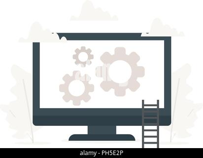 Vector illustration of computer with three large gears. Monitor service, adjusting app, setting options, maintenance, repair, fixing laptop concepts. Stock Vector