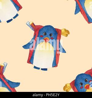 Cute Blue Penguin with Backpack Watercolor on Yellow Background. Vector Illustration. Stock Vector