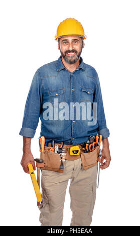 portrait of caucasian handyman isolated on white Stock Photo