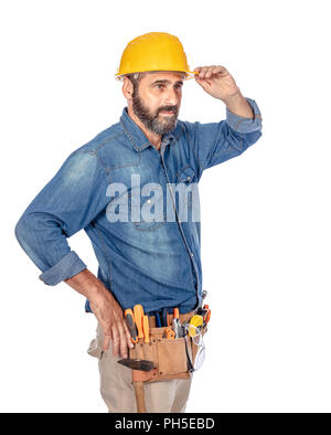 portrait of caucasian handyman isolated on white Stock Photo