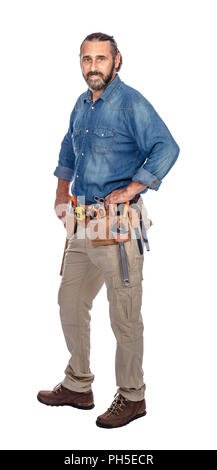 portrait of caucasian handyman isolated on white Stock Photo