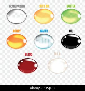 Set of transparent drops in gray colors. Transparency only in vector format. Can be used with any background. Different drops.  Realistic vector illus Stock Vector