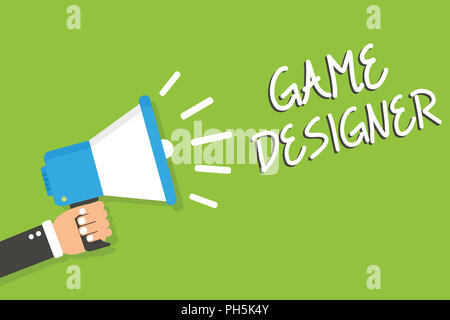 Handwriting text Game Designer. Concept meaning Campaigner Pixel Scripting Programmers Consoles 3D Graphics Man holding megaphone loudspeaker green ba Stock Photo