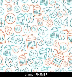 Back to school Seamless pattern with symbols alphabet milk pack bell and apple Stock Vector
