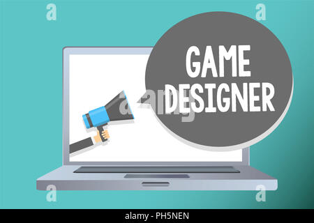 Handwriting text writing Game Designer. Concept meaning Campaigner Pixel Scripting Programmers Consoles 3D Graphics Man holding megaphone loudspeaker  Stock Photo
