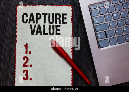 Handwriting text writing Capture Value. Concept meaning Customer Relationship Satisfy Needs Brand Strength Retention Piece paper red borders black mar Stock Photo